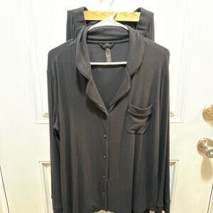 SKIMS Soft Lounge Ribbed Long Sleeve Button-Up Pajama Set in Onyx